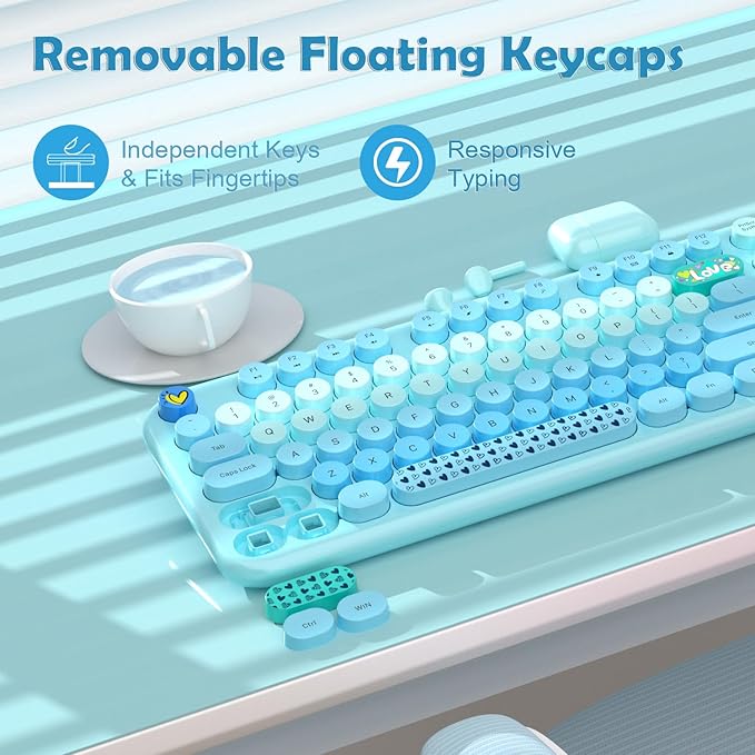 Wireless Keyboard Mouse Combo, MOFII 104 Round Keys Lovely Full-Size Cute Colorful Keyboard and Mouse with Retro Typewriter for PC/Mac/Laptop/Tablet/Computer/Windows Blue