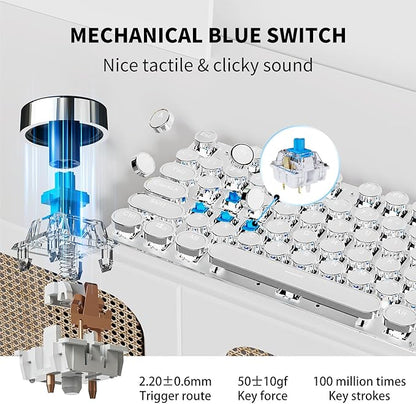 TK950 Wireless Typewriter Keyboard and Mouse Combo,104 Keys Retro Typewriter Mechanical Keyboard with White Backlit, Anti-Ghosting, Blue Switch, Bluetooth/2.4G/Wired Cute Gaming Keyboards-White