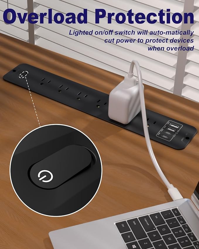 Recessed Power Strip Extension - 10 Outlet Surge Protector with 6 AC - 2 USB-A（18W） and 2 USB-C（PD20W） Ports - Flush Mount Desk Outlet with 6 Feet Cord - for Conference Table (Black)