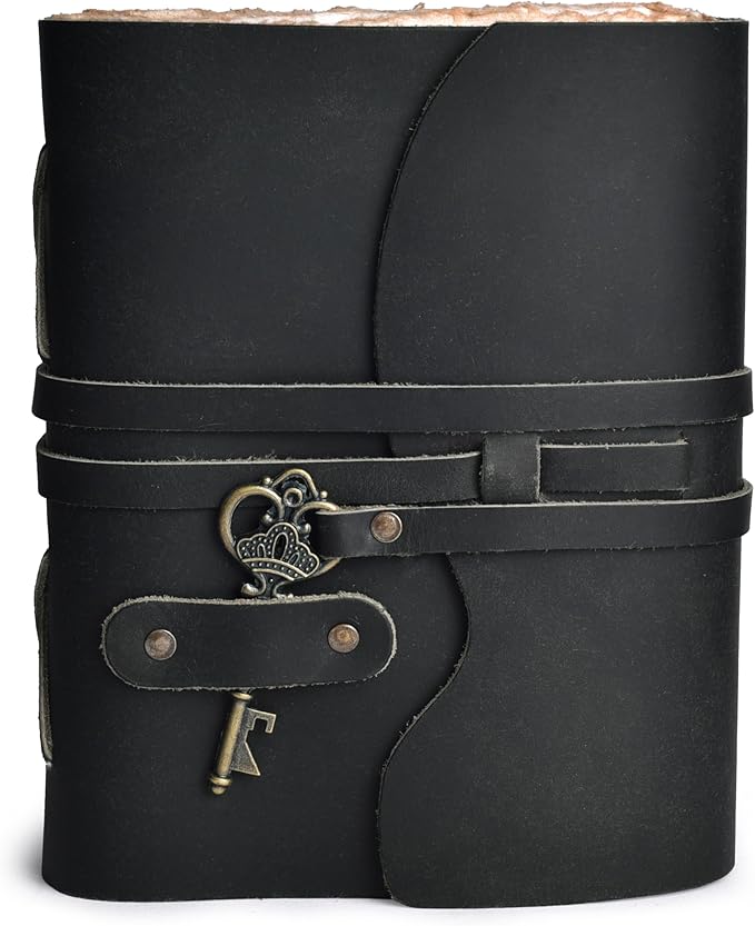 LEATHER VILLAGE Vintage Leather Journal – 200 Handmade Vintage Deckle Edge Paper – Leather bound Journal For Women Men – Vintage Key Closure - Book of Shadows - Black - 8X6 inches (A5)