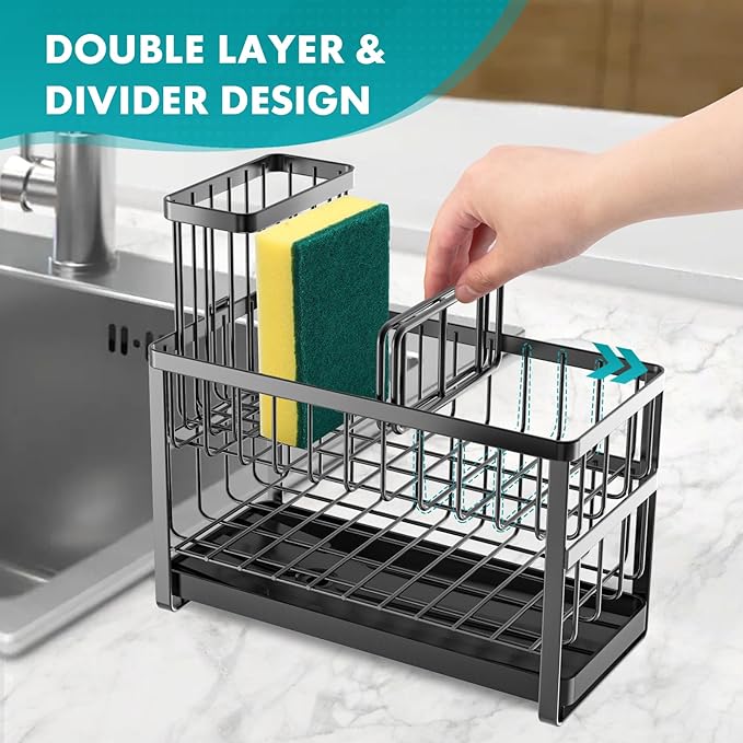 Sinnsally Kitchen Sponge Holder,2 Tier Sink Caddy Organizer with High Brush Holder,Stainless Steel Sink Box Dish Scrubber Holder,Soap Tray for Kitchen Counter Accessories & Storage Rack (Black)
