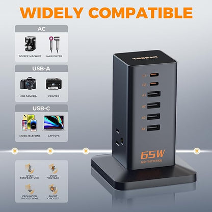 USB Charging Station for Multiple Devices 10Ft Cord, TESSAN 9-in-1 USB C Charger Block PD 65W for iPhone 16/15, MacBook, Tablet, Type C Desktop Charger with 3 AC, Home Travel Office Accessories