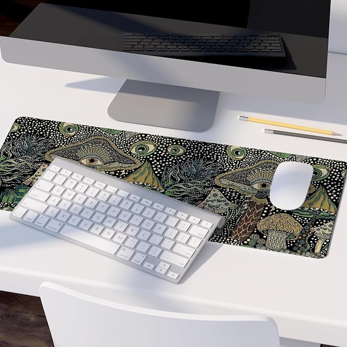 Boho Mushroom Mouse Pad,Dark Green Cottagecore Mushrooms Desk Mat,XL Large Magic Mouse Pads for Dorm Home Office Desktop Decor Art,31.5x11.8 Inch