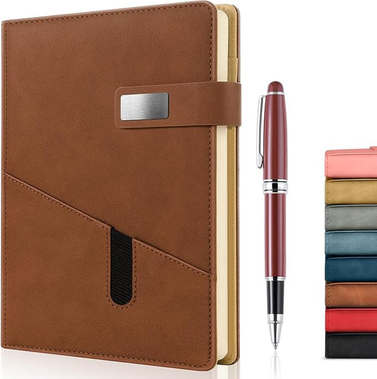 A5 Lined Leather Journal with Pen, 240 Pages Refillable Hardcover Notebook with Pocket and Magnetic Buckle, 80gsm Thick Daily Diary for Men and Women, Great Gift for Business School Travel Personal -