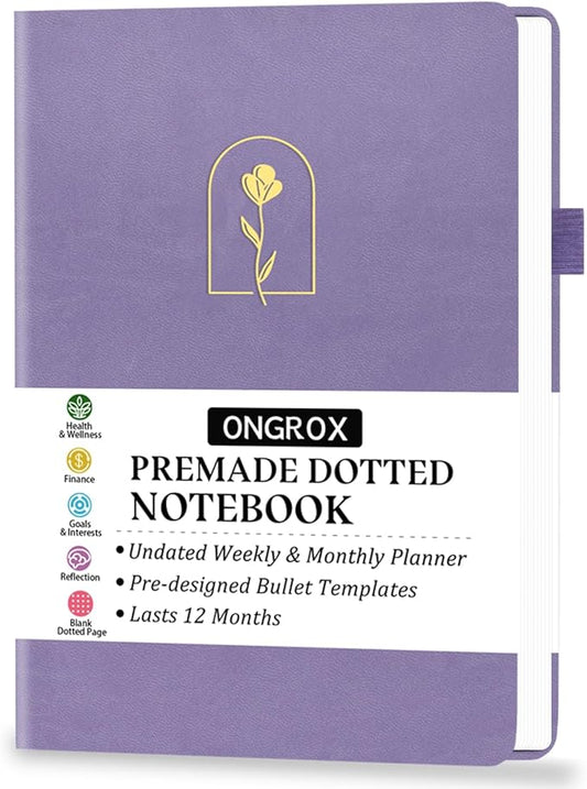 Premade Bullet Style Notebook with Undated Weekly & Monthly Planner, Dotted Journal with Pre-made Bullet Planner Stencils, Dot Grid Journaling with Habits & Mood Tracker, 12 Month Organization, A5