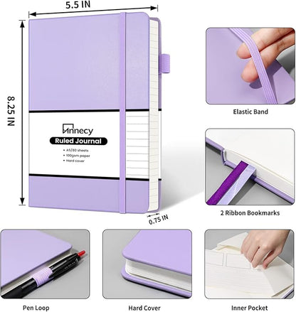 Annecy Lined Journal Notebook, Hardcover Leather Journal for Women & Men, 160 Numbered Pages, Medium 5.5" x 8.25", 100 GSM Thick Paper, Purple