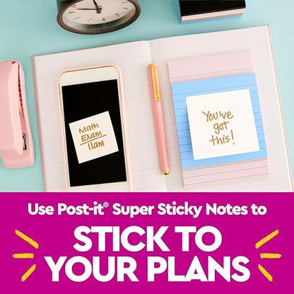 Post-it Super Sticky Notes, 3 Lined Note Pads, 4 x 6 in., 2X The Sticking Power, School Supplies and Office Products, Sticky Notes for Vertical Surfaces, Monitors, Walls and Windows, Simply Serene