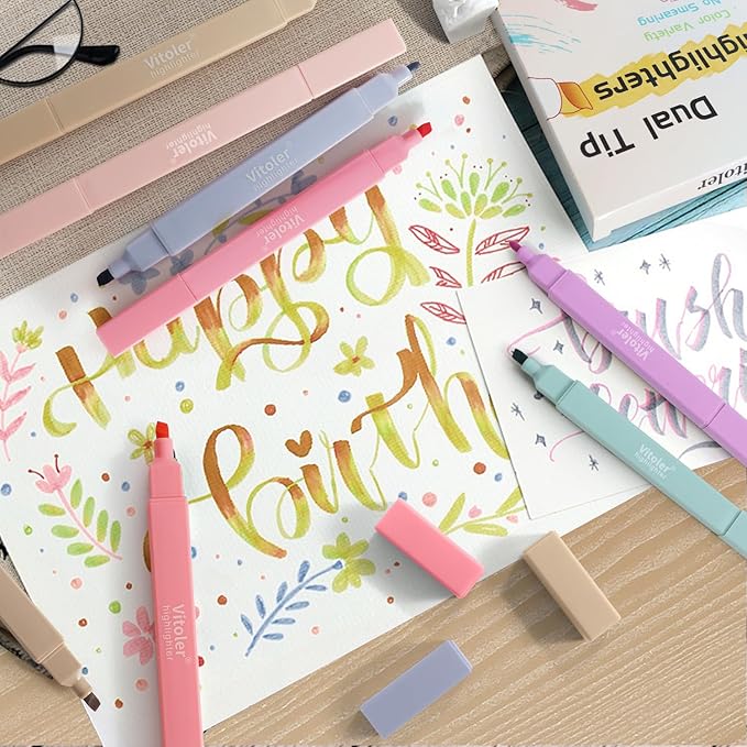 Vitoler Highlighters Assorted Colors,8pcs Dual Tip Pastel Colors Highlighters for Bible Study, Teacher Supplies and School Accessories