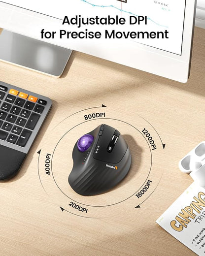 ProtoArc Wireless Trackball Mouse, EM01 NL Ergonomic Bluetooth Rollerball Thumb Rechargeable Computer Laptop Mouse, Adjustable Angle & 3 Device Connection for PC, Mac, Windows-Purple Ball