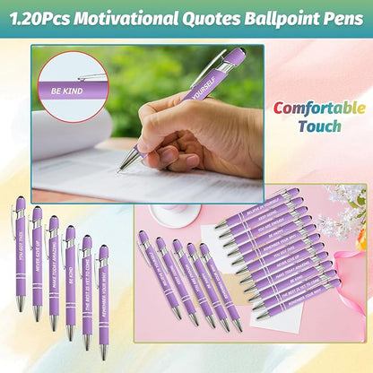 40 Piece Inspirational Pens Kit with Stylus Tip & Sayings – 20 Motivational Pen + 20 Individual Bags – Uplifting Quote & Positive Ideas – For Teachers, Office, School, Meetings, Team Events(Purple)