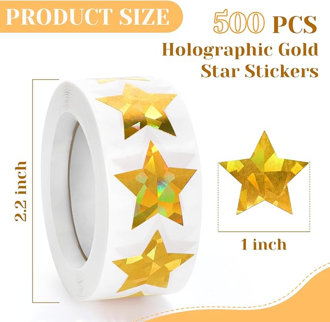 500 PCS Holographic Gold Star Stickers, 1 inch Self Adhesive Metallic Glitter Foil Stickers Sparkly Star Sticker Reward Behavior Chart Labels for Kids Students Teachers Supplies