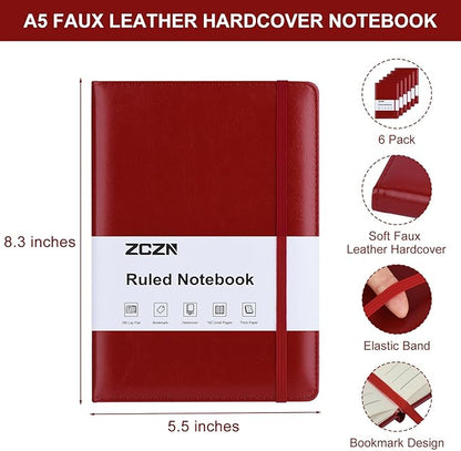 ZCZN 6 Pack Lined Journal Notebooks, 192 Pages A5 Hardcover Leather Journals for Work,Writing,School & Travel, College Ruled Journaling Notebooks for Notes Taking,Diary Notepad (Red*6)