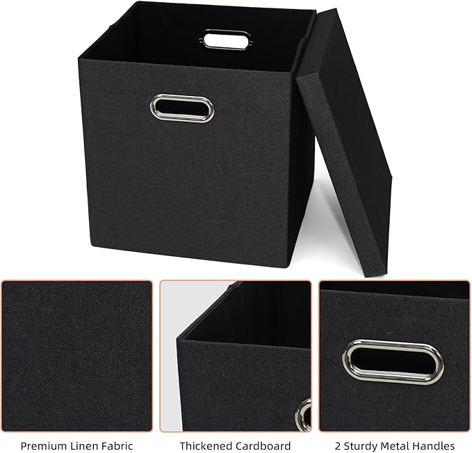 Storage Bins with Lids, Collapsible Linen Fabric Boxes Organizer Containers with Lid Foldable Storage Box Basket for Closet, Shelves, Home, Office, 12 x 12 x 12.4 Inch, 4 Pack, Black
