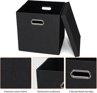 Storage Bins with Lids, Collapsible Linen Fabric Boxes Organizer Containers with Lid Foldable Storage Box Basket for Closet, Shelves, Home, Office, 12 x 12 x 12.4 Inch, 4 Pack, Black