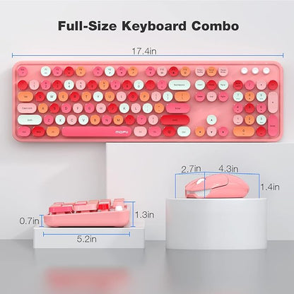 MOFII Wireless Keyboard and Mouse Combo, Pink Wireless Keyboard, 2.4GHz Retro Full Size with Number Pad & Cute Mouse for Computer PC Laptop Windows XP/7/8/10 (Pink-Colorful)