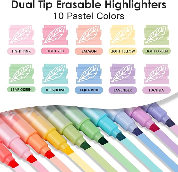 Erasable Highlighters,10 Colors,Cute Erasable Highlighter for Bibles Journaling Supplies,Pastel Highlighters Assorted Colors,Soft Chisel Tip No Bleed Through,Aesthetic Highlighters Erasable