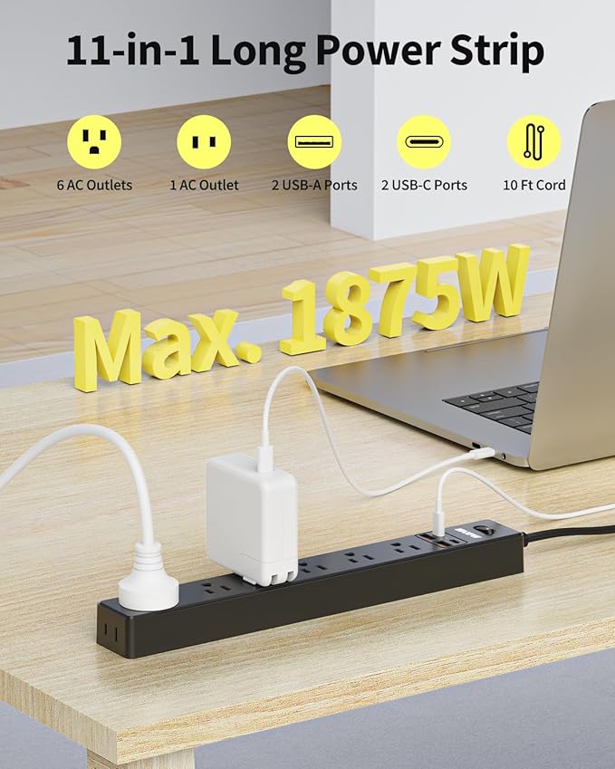 2 Pack Power Strip Surge Protector - 7 Outlets 4 USB Ports (2 USB C), Maxpw 10 Ft Ultra Thin Flat Plug Extension Cord, 1875W/15A, 1700 Joules, Wall Mount for Home Office Dorm, Black