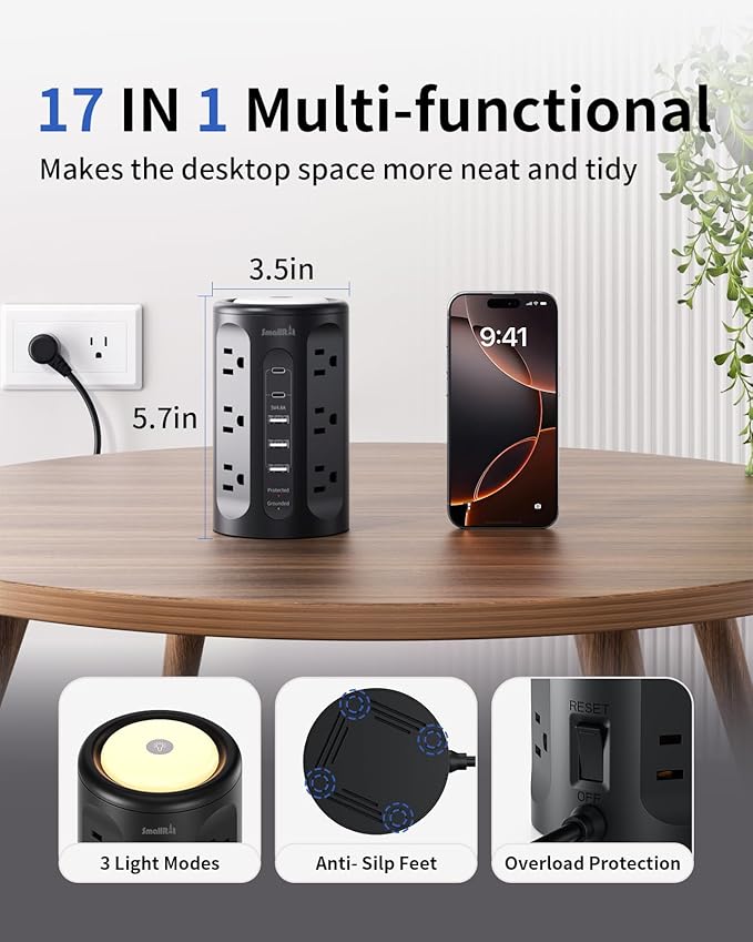 Surge Protector Power Strip Tower with 5 USB Ports and Night Light,10FT Extension Cord with 12 AC Multiple Outlets (Black, 10FT)