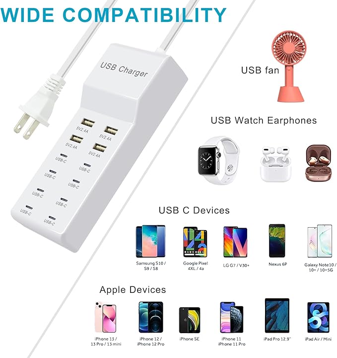 USB Charger, 12-Port Charging Station (4 USB-A Ports and 8 USB-C Ports) Compatible with Multiple Devices for iPhone 15/14/13/12Pro, Tablet PC, Smartphone