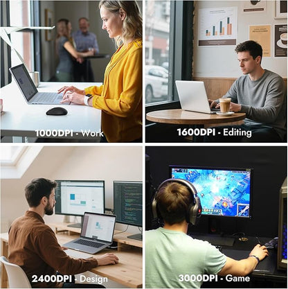 Wireless Mouse with 2 Bluetooth and 1 USB, 4-Way Scrolling, Full Size Mouse, Silent, Long Battery Life, Adjustable Cursor Speed, for Computer, Laptop, Tablets, iPad, Desktop, MacBook (Side Buttons)