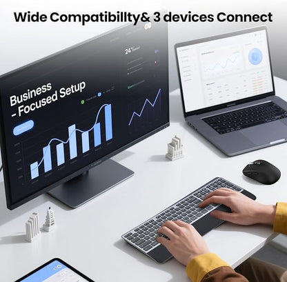 Wireless Mouse with 2 Bluetooth and 1 USB, 4-Way Scrolling, Full Size Mouse, Silent, Long Battery Life, Adjustable Cursor Speed, for Computer, Laptop, Tablets, iPad, Desktop, MacBook (Side Buttons)