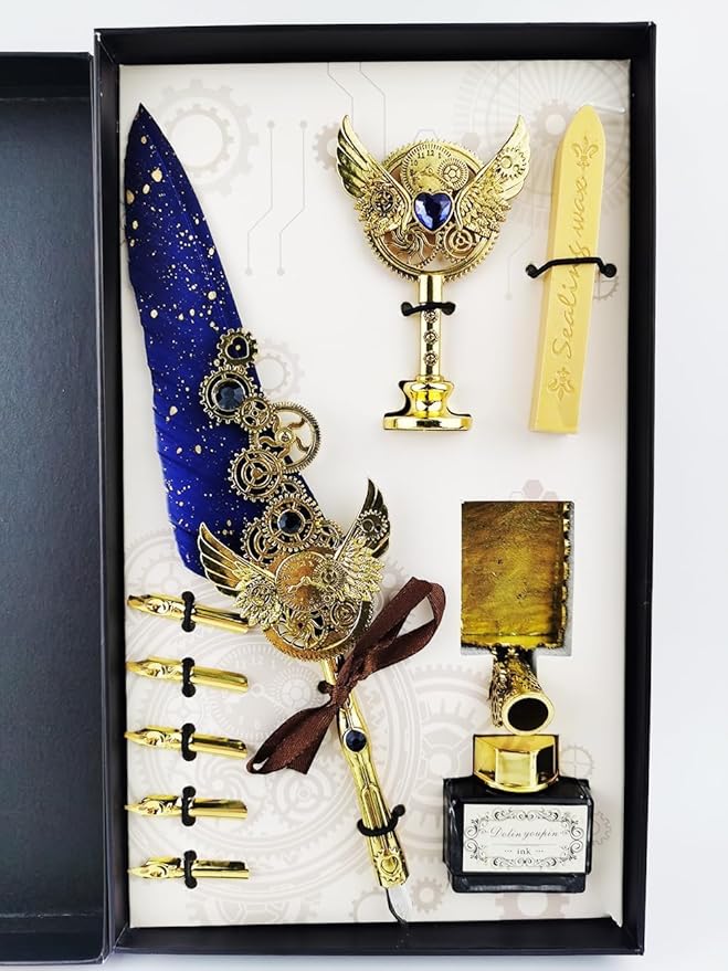 Quill Feather Pen and Ink Set,Calligraphy Set,Calligraphy Kits Include Antique Quill Feather Pen,Handcraft Wooden Pen,6 Nibs,2 Bottles Inks,Pen Holder for Beginners Birthday Gift（blue）