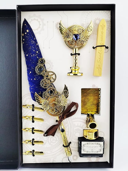 Quill Feather Pen and Ink Set,Calligraphy Set,Calligraphy Kits Include Antique Quill Feather Pen,Handcraft Wooden Pen,6 Nibs,2 Bottles Inks,Pen Holder for Beginners Birthday Gift（blue）