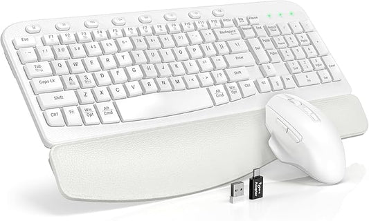 SABLUTE Wireless Keyboard and Mouse Combo, Ergonomic Wave Keys, Cushioned Plam Rest, Comfortable Silent Natural Typing, 2.4G Lag-Free, Full Size Keyboards Cordless Set for Multi-OS, Windows/Mac, White