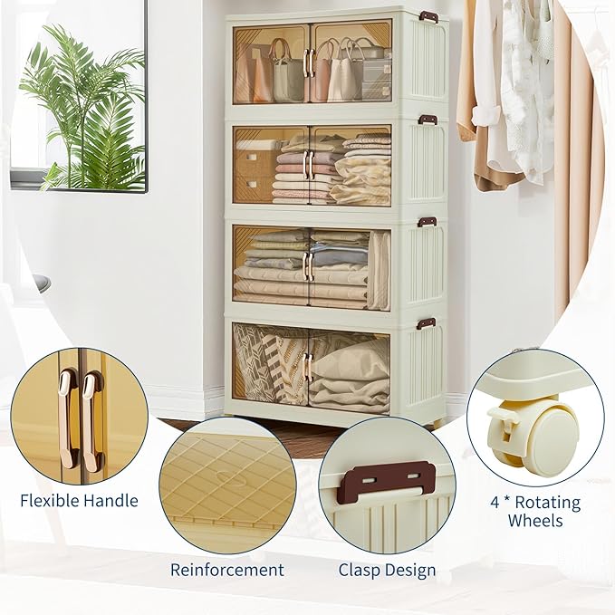 Garvee 324QT Stackable Storage Bins, Plastic Bins for Storage with Lids, Plastic Storages Drawers with Magnetic Doors & Wheels, Foldable Collapsible Closet Organizers for Home, Dorm, Office, White