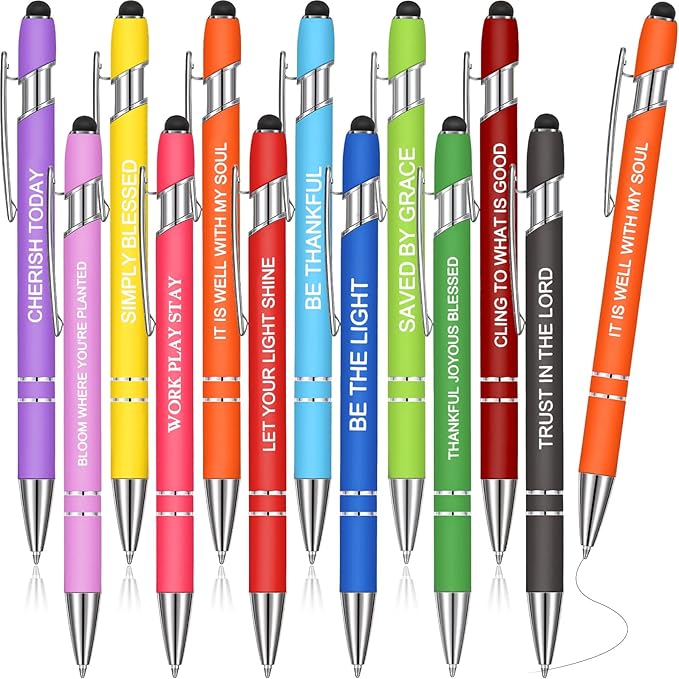 Zonon 12 Pcs Inspirational Pens Bulk Funny Ballpoint Pen with Stylus Tip Motivational Gifts for Christmas Teacher Coworkers Nurse School Office Supplies(Fresh Color,Bible Style)