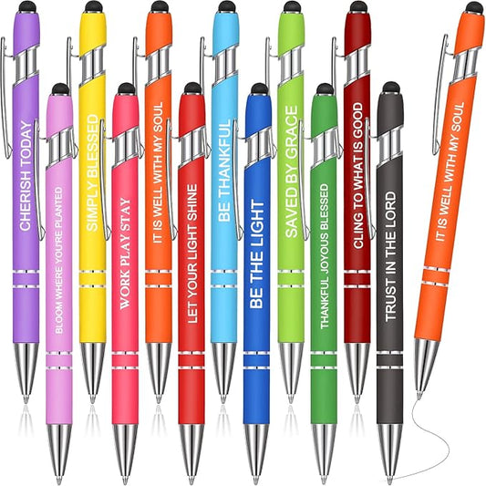 Zonon 12 Pcs Inspirational Pens Bulk Funny Ballpoint Pen with Stylus Tip Motivational Gifts for Christmas Teacher Coworkers Nurse School Office Supplies(Fresh Color,Bible Style)