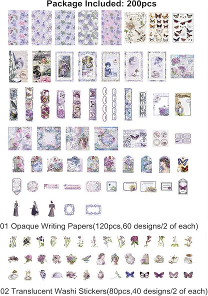 200PCS Vintage Scrapbooking Supplies Pack, Aesthetic Scrapbook Sticker Paper Art Journaling Kit for Bullet Junk Journals,Planner,Cottagecore Decor Gifts (Purple Series)