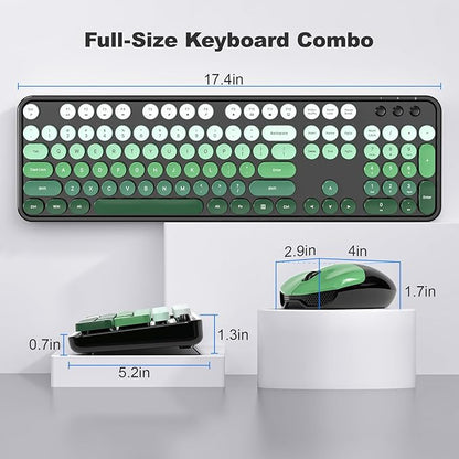MOFII Wireless Keyboard and Mouse Combo, Full Size 2.4G Plug and Play Typewriter Retro Round Computer Keyboard and Mouse Set for Windows, Computer, Desktop, PC, Notebook - (Black Green Gradient)