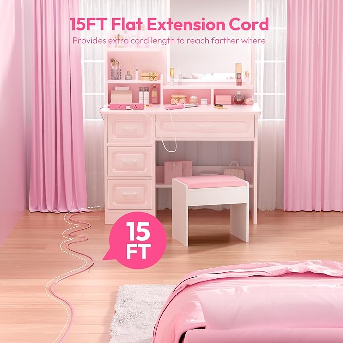 Pink Power Strip, NTONPOWER Surge Protector Power Strip Flat Extension Cord 15FT, 9 Outlets 3 USB Ports(1 USB C), Wall Mount, 1080J, Multiple Outlets for Home, Dorm, Vanity Desk, Nightstand,Women