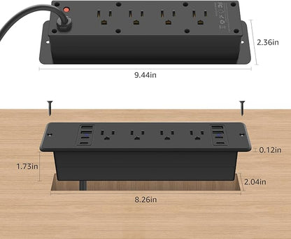HHSOET 16 in 1 Recessed Power Strip Flat Plug, 45W Fast Charging Furniture Outlet with USB, Conference Recessed Surge Protection with 8 AC Plugs, 4 USB Ports 4 USB-C, 6ft Power Cord.(Black)