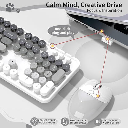 Creamy Wireless Keyboard and Mouse, MOFII 104 Round Keycaps Retro Typewriter with OTG & Brush, Full-Size Ergonomic, Ideal for Windows PC, Home, Office and College Gray White