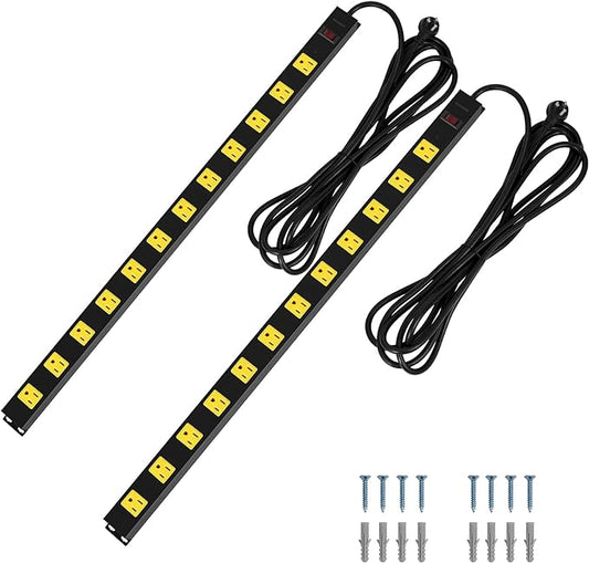 SURAIELEC 12 Outlet Long Metal Power Strip, 15FT Cord Surge Protector, Angled Flat Plug, Wide Spaced Outlet Bar, 15A Breaker, Wall Mountable, Industrial Heavy Duty for Work Bench, Shop, Garage, 2 Pack