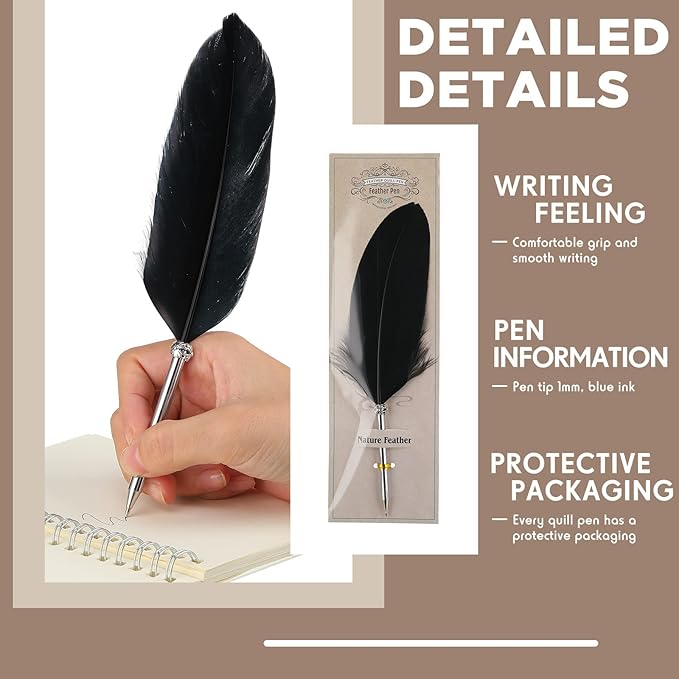 Chinco 12 Pcs Feather Ballpoint Pen Ink Quill Vintage Quills Pen Soft Fluffy Office Wedding Signature Bridal Party Supplies, 10. 6 Inches in Length(Black)