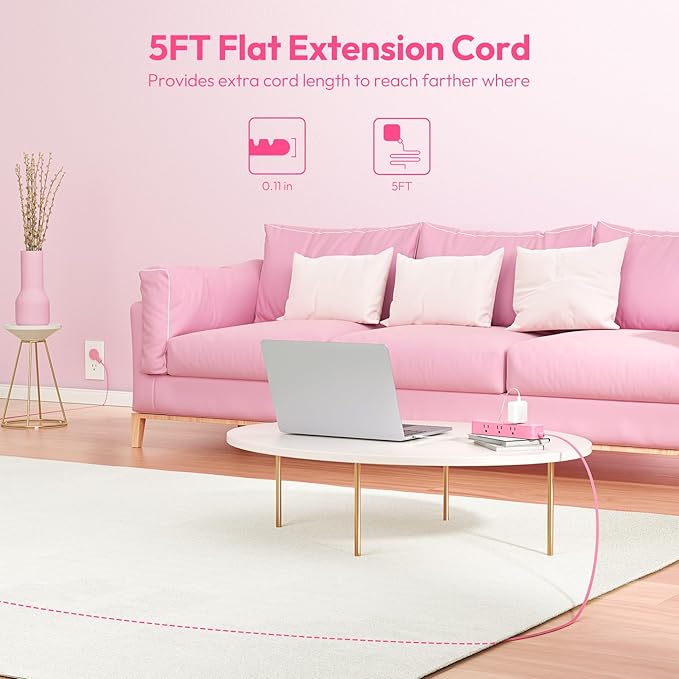Pink Power Strip, NTONPOWER Surge Protector Power Strip, Cute Pink Extension Cord 5FT, 9 Outlets 3 USB (1 USB C), Mounted, 1080J, Multiple Outlets for Home Office, Kawaii, Desk Accessories, Women