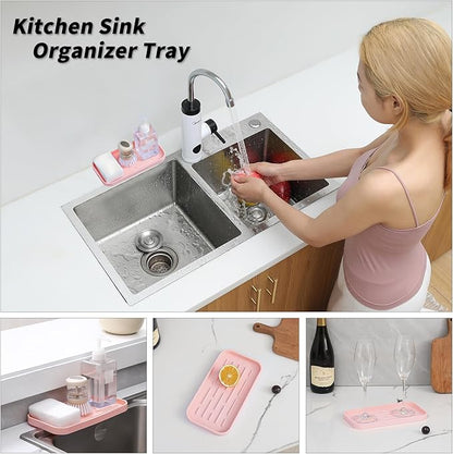 Silicone Kitchen Sink Organizer Tray for Multiple Usage,Easy Clean,Eco-Friendly Sponges Holder for Kitchen Bathroom Counter or Sink,Dish Soap Dispenser,Scrubber,Bottle,Cup Pink 10”x 5.3”