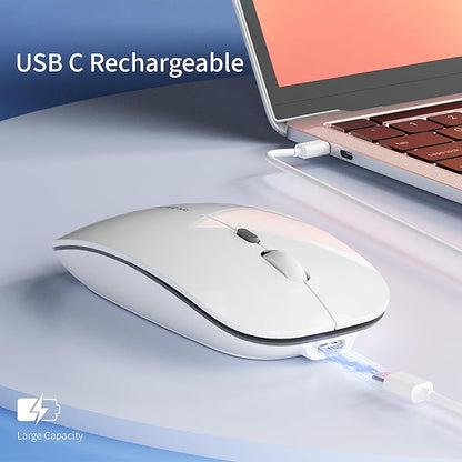 Uciefy Q5 Slim Rechargeable Wireless Mouse, 2.4G Portable Optical Silent Ultra Thin Wireless Computer Mouse with USB Receiver and Type C Adapter, Compatible with PC, Laptop, Notebook, Desktop White