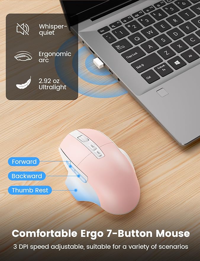 SABLUTE Wireless Keyboard and Mouse Combo, Ergonomic Wave Keys, Cushioned Plam Rest, Comfortable Silent Natural Typing, 2.4G Lag-Free, Full Size Keyboards Cordless Set for Multi-OS, Windows/Mac, Pink