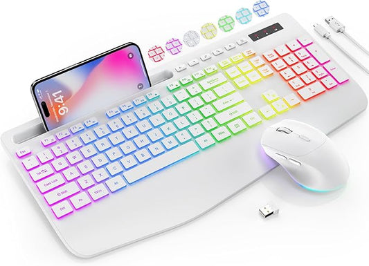 Wireless Keyboard and Mouse Combo, 9 Backlit Effects, Wrist Rest, Phone Holder, 2.4G Lag-Free Ergonomic Keyboards, Rechargeable Silent Cordless Set for Computer, Laptop, Mac, Windows -SABLUTE (White)