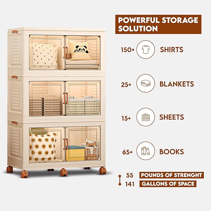 FINCHESCLUB 568QT Large Stackable Storage Bins with Lids, 141Gal Foldable Storage Bins with Doors and Wheels, Collapsible Closet Organizers for Home Office, Christmas Gifts - 3 Pack - Off White