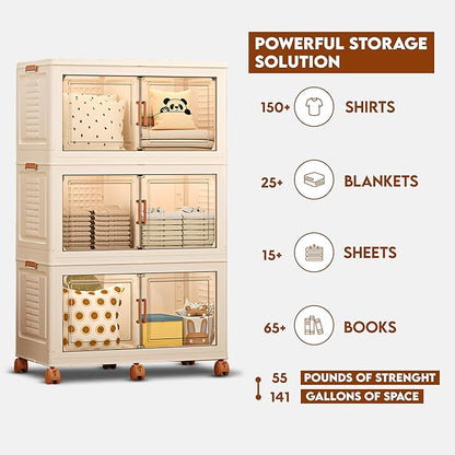 FINCHESCLUB 568QT Large Stackable Storage Bins with Lids, 141Gal Foldable Storage Bins with Doors and Wheels, Collapsible Closet Organizers for Home Office, Christmas Gifts - 3 Pack - Off White