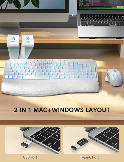SABLUTE Ergonomic Wireless Keyboard and Mouse Combo - Wave Keyboard with Soft Leather Wrist Rest, Resistant Keys, RGB Backlit Rechargeable Set for PC/Mac/Chromebook (White)
