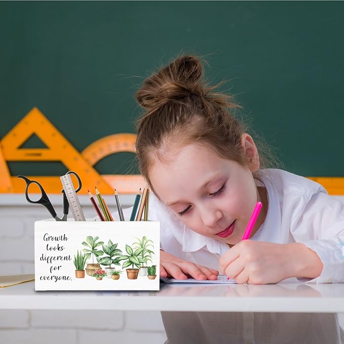 Mental Health Pen Holder for Desk, Growth Looks Different for Everyone Wooden Box Sign Desk Decor for Home Office Classroom Decoration, Botanical Inspirational Pencil Organizer