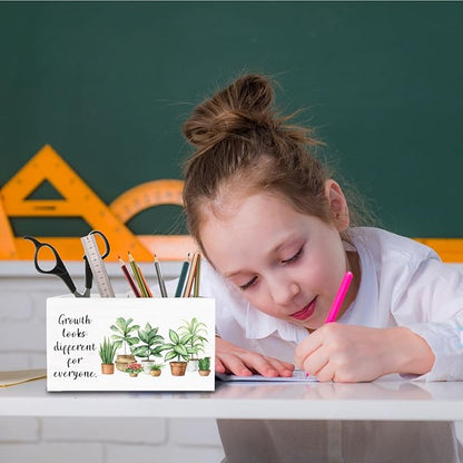 Mental Health Pen Holder for Desk, Growth Looks Different for Everyone Wooden Box Sign Desk Decor for Home Office Classroom Decoration, Botanical Inspirational Pencil Organizer