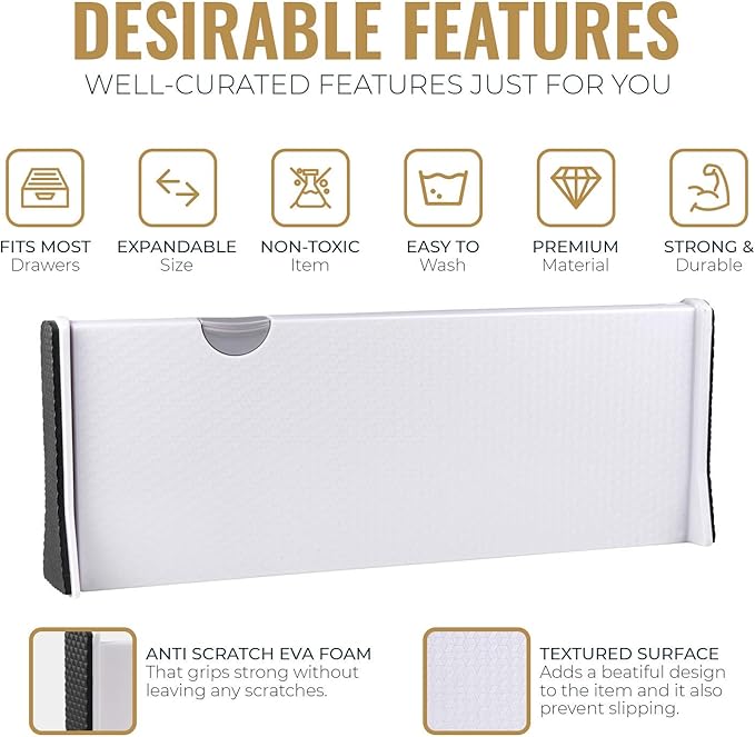 RAPTUROUS Adjustable Deep Drawer Divider – 5" Tall, Expandable 13-22", 10-Pack, Non-Slip Drawer Dividers for Clothes, Dresser, Kitchen & Office Organization (White)