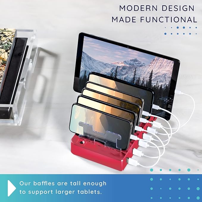 Charging Station for Multiple Devices – 6-Port USB Charging Dock for Apple & Android – Fast Multi-Charger Organizer for Phones, Tablets & More (Pink)